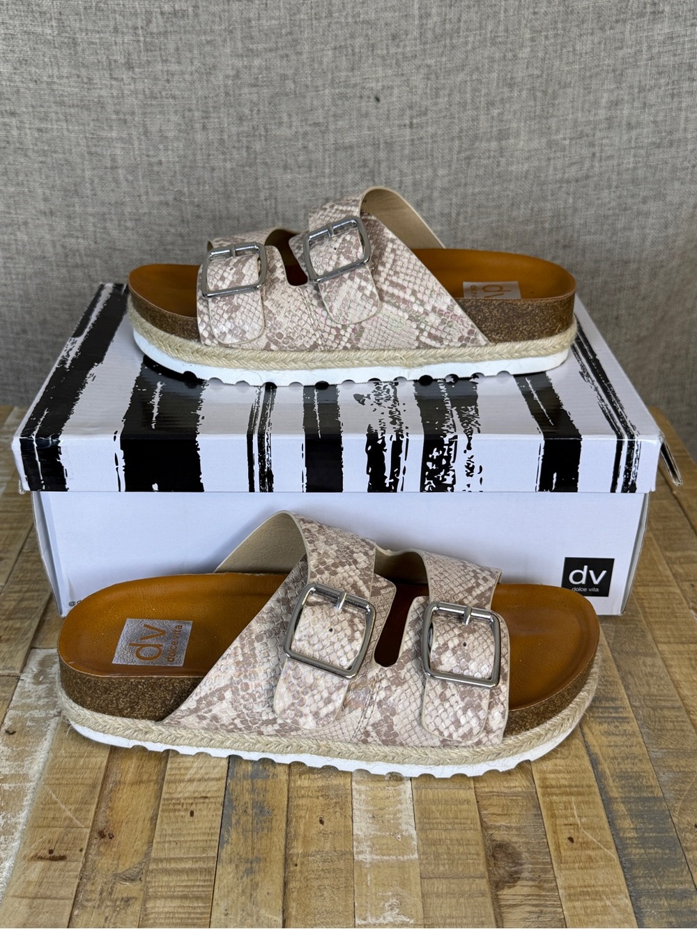 DV by Dolce Vita Neutral Snakeskin Double Buckle Platform Sandals - Bone